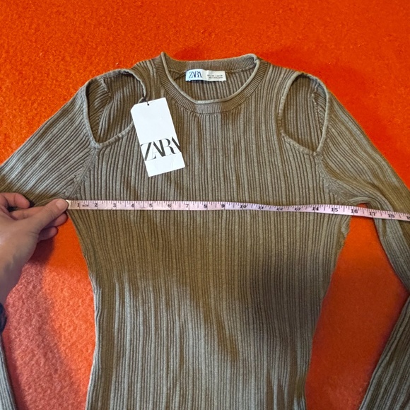 Zara light brown khaki laced cut out long sleeves ribbed cotton NWT - Picture 12 of 15